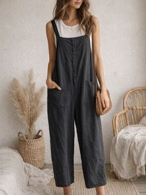 Zanzea Cotton Black Wide Leg Jumpsuit Overalls Pockets Adjustable Straps Size S